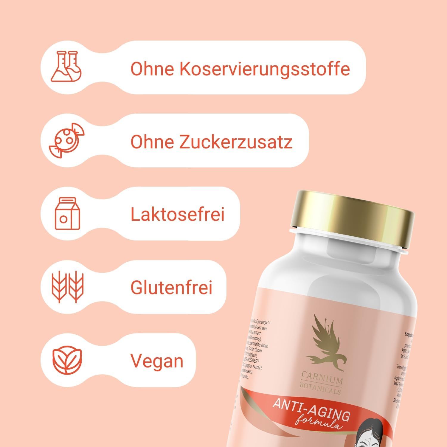 Pilfles met gouden dop. Tekst: Carnium Botanicals, Anti-Aging formula. Ingrediënt symbolen.