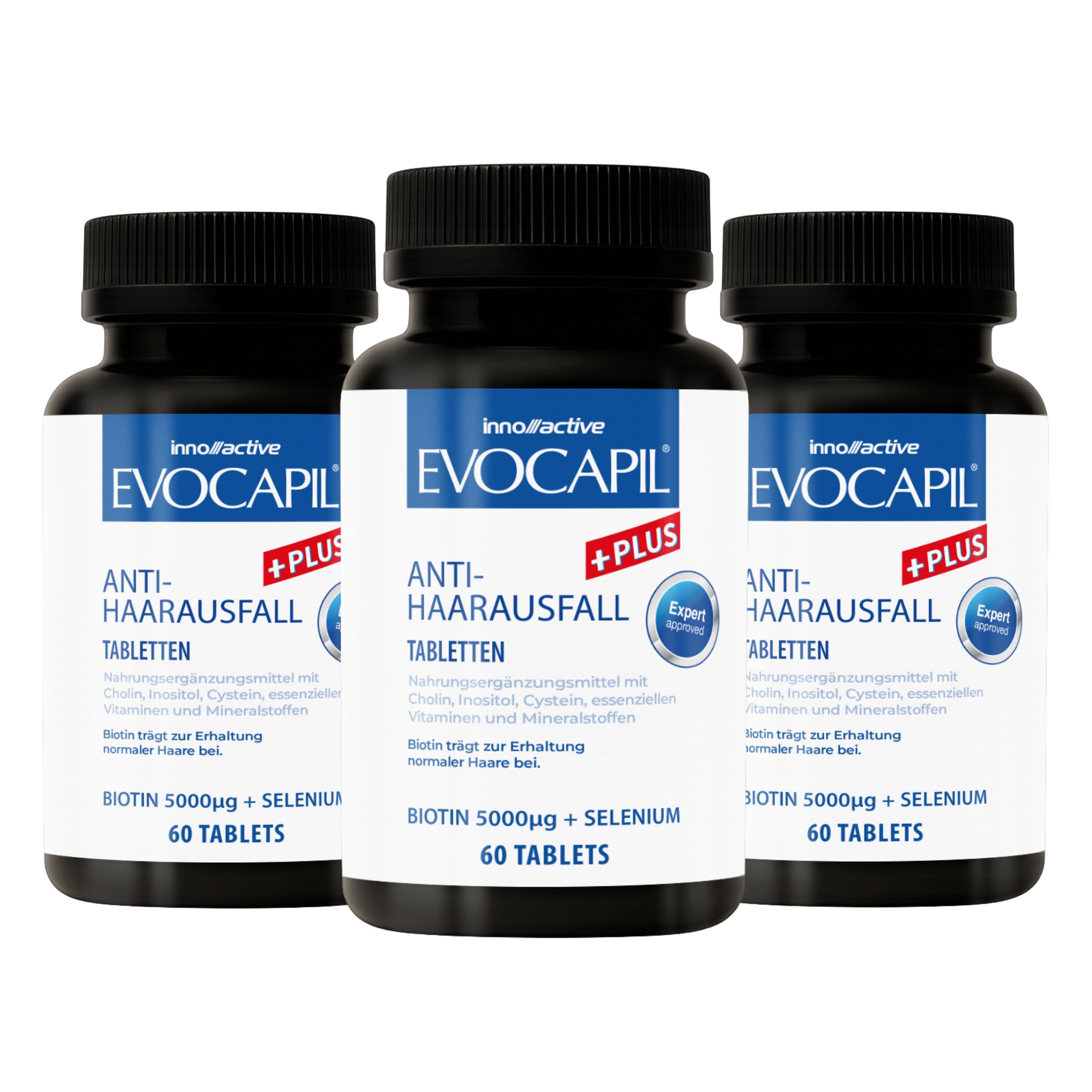 Drie flessen Evocapil + Plus tabletten. Bevat Biotine 5000µg + Selenium. 60 tabletten.