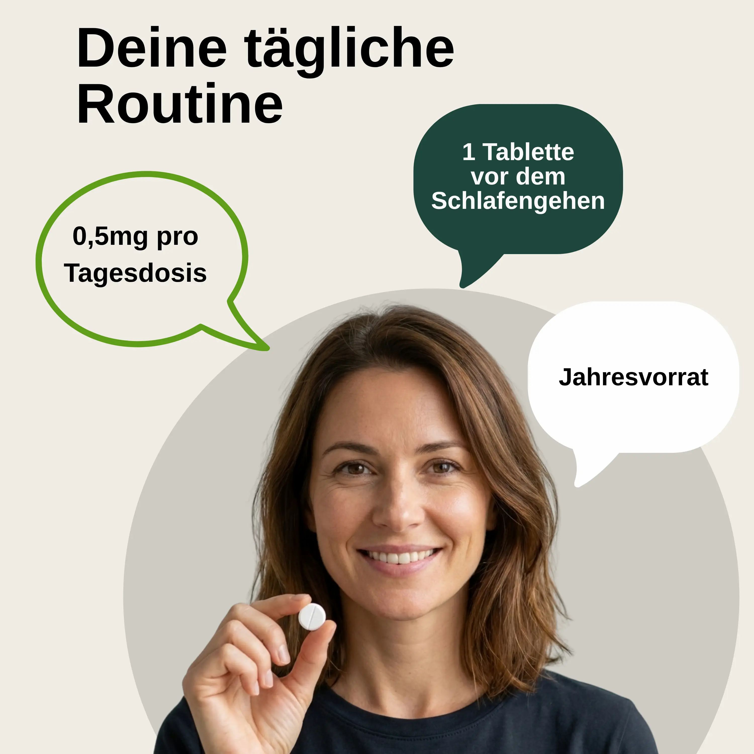 Femme tenant un comprimé de mélatonine. Bulles : "0,5mg par dose journalière", "1 comprimé avant de dormir", "Approvisionnement annuel".
