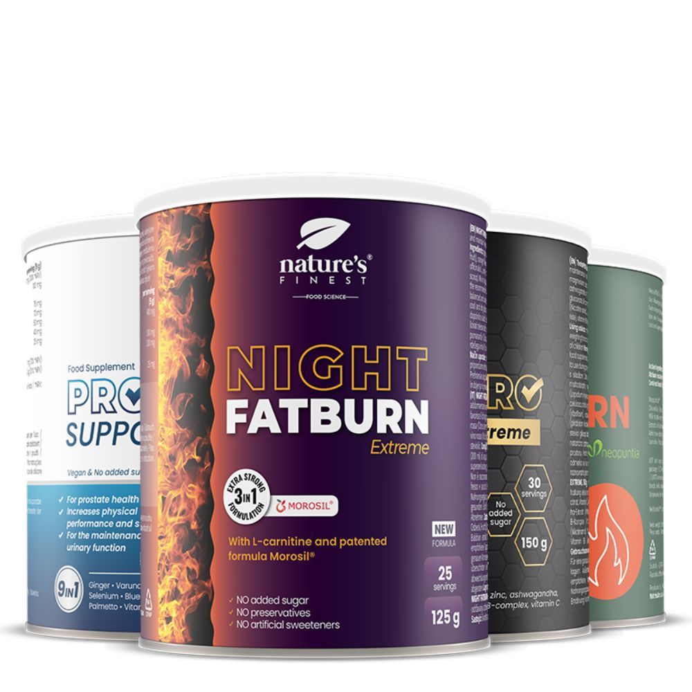 Drie blikken Nature's Finest: Prostate Support, Night Fatburn Extreme, Testo Pro Extreme, Detox Belly Burn. 125g, 150g.