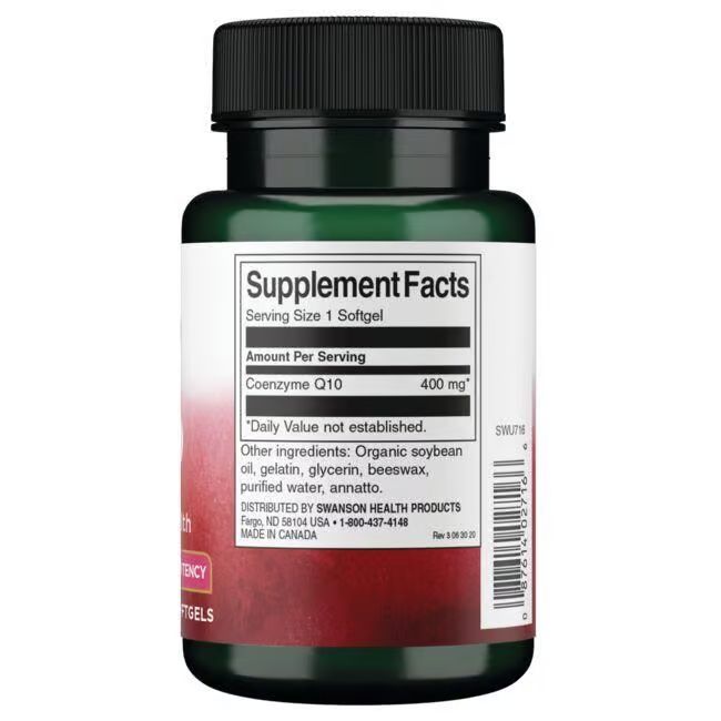 Flacon vert foncé avec bouchon noir. Étiquette avec informations nutritionnelles : Coenzyme Q10, 400 mg. Fabriqué au Canada.