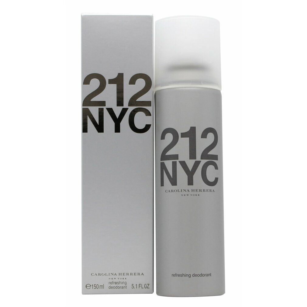 Deospray en verpakking. Zilverkleurige spray met witte dop. Opschrift: 212 NYC, Carolina Herrera, verfrissende deodorant.
