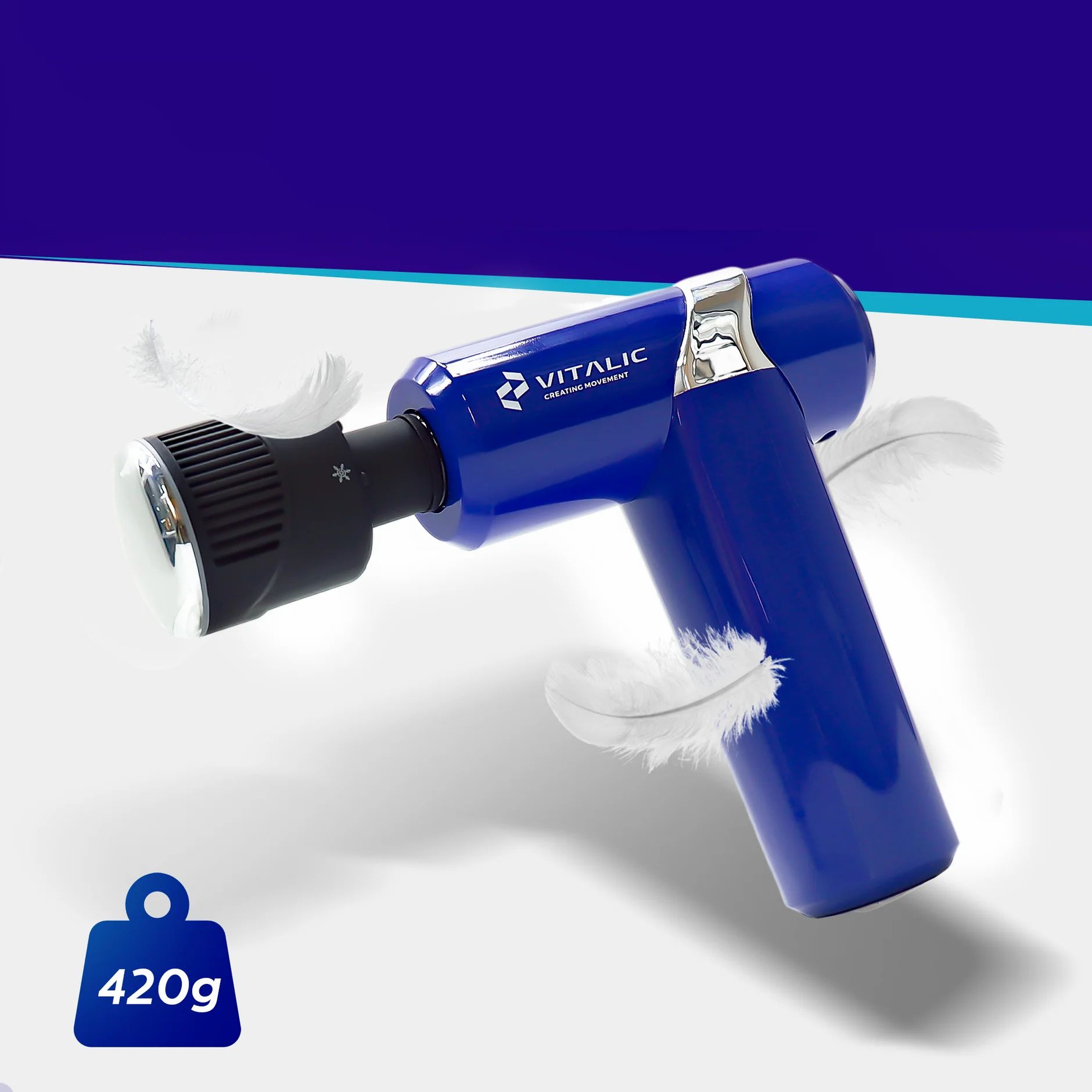 Pistolet de massage bleu, tête noire, poids 420g. Logo VITALIC visible.