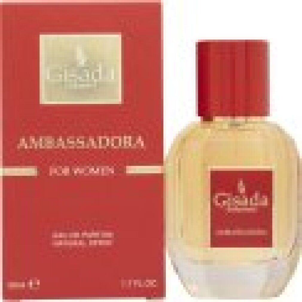 Gisada Ambassadora Eau de Parfum fles en rode verpakking met tekst.