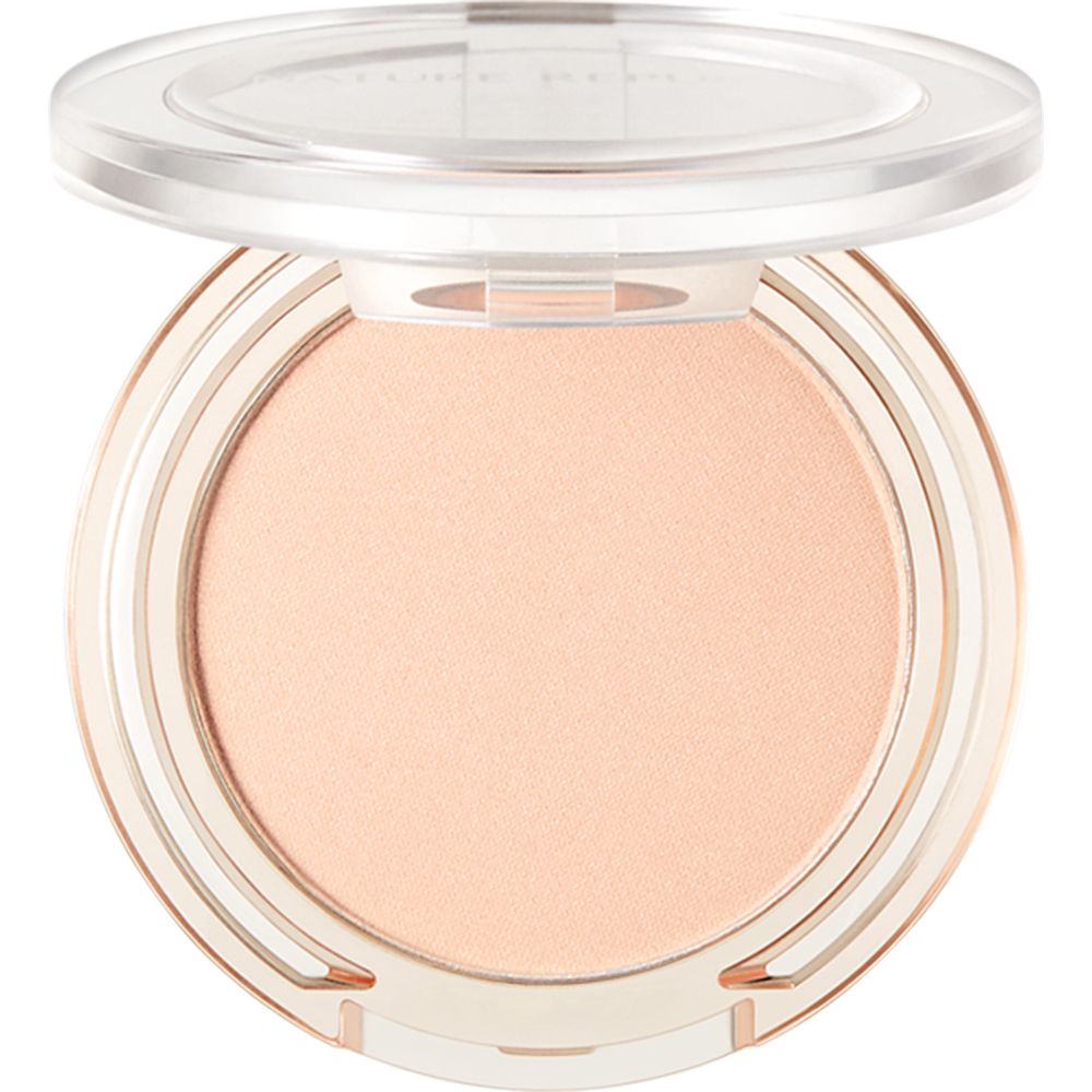 NATURE REPUBLIC By Flower Contouring Blush. Boîtier rond transparent, contenu rose. Couvercle ouvert.