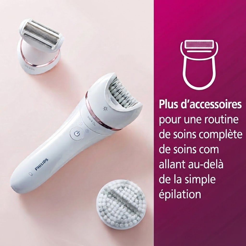Épilateur Philips blanc avec accessoires : tête de rasage, tête de brosse.
