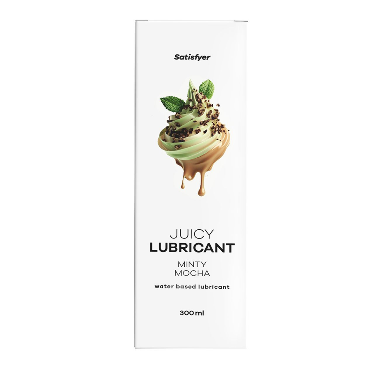 Witte doos met productillustratie. Bovenin "Satisfyer". Daaronder "JUICY LUBRICANT MINTY MOCHA". "water based lubricant" en "300ml".