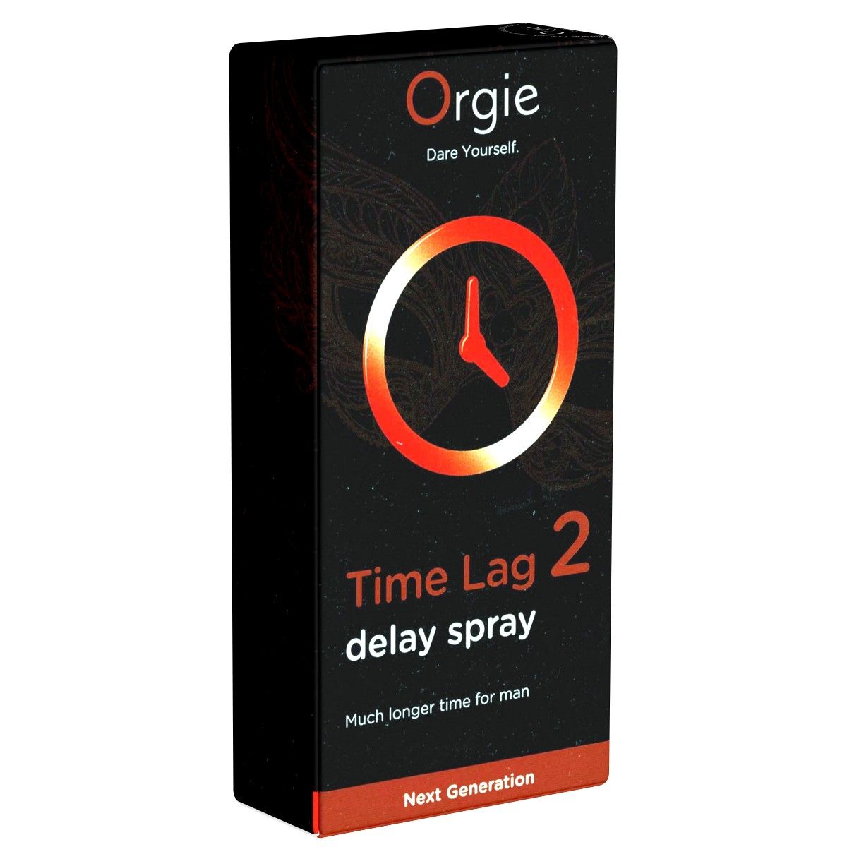 Boîte noire avec logo et nom du produit. Cercle rouge avec symbole d'horloge. Texte: Time Lag 2 delay spray.