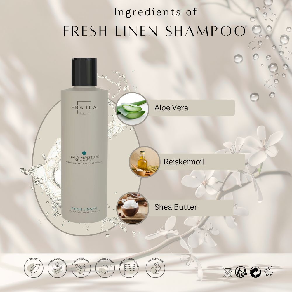 Flacon de shampooing beige à bouchon noir. Texte: Era Tua, Daily Moisture Shampoo, Fresh Linen. Ingrédients: Aloe Vera, huile de riz, beurre de karité.