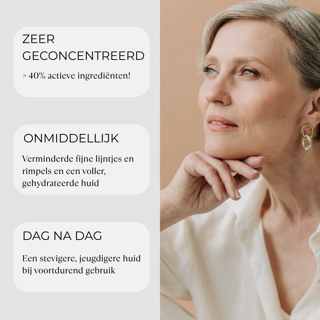 Vrouw met serum. Tekst over concentratie, directe resultaten, lange termijn effect.