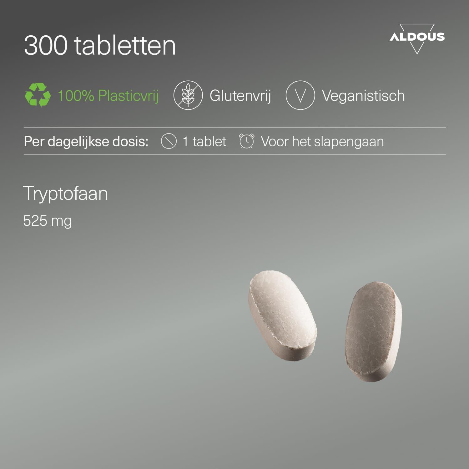 Twee ovale, lichtbruine tabletten. Verpakkingsinformatie: 300 tabletten, 525 mg Tryptofaan, glutenvrij, veganistisch.