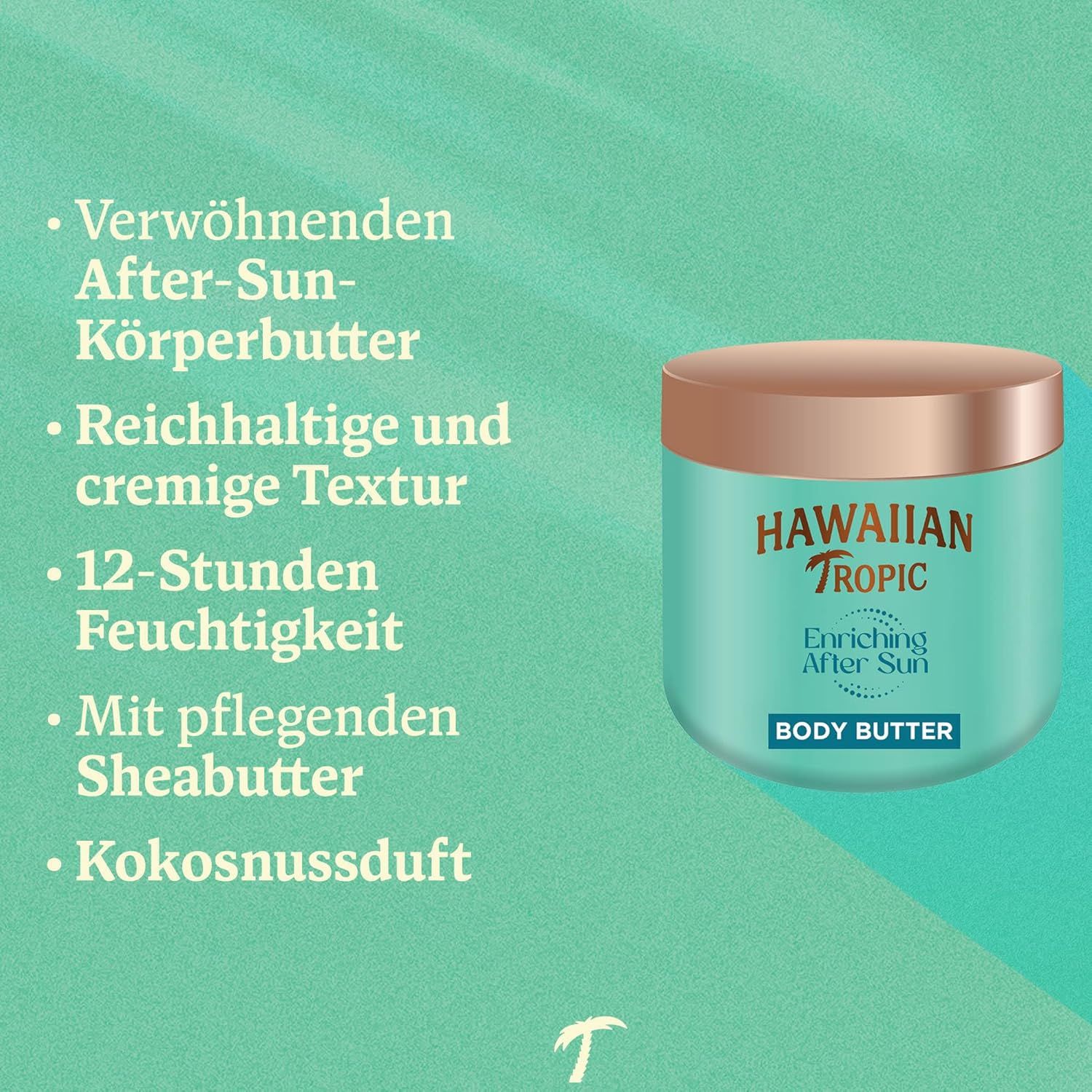 Pot turquoise. Texte: Beurre corporel après-soleil, texture riche, hydratation 12h.