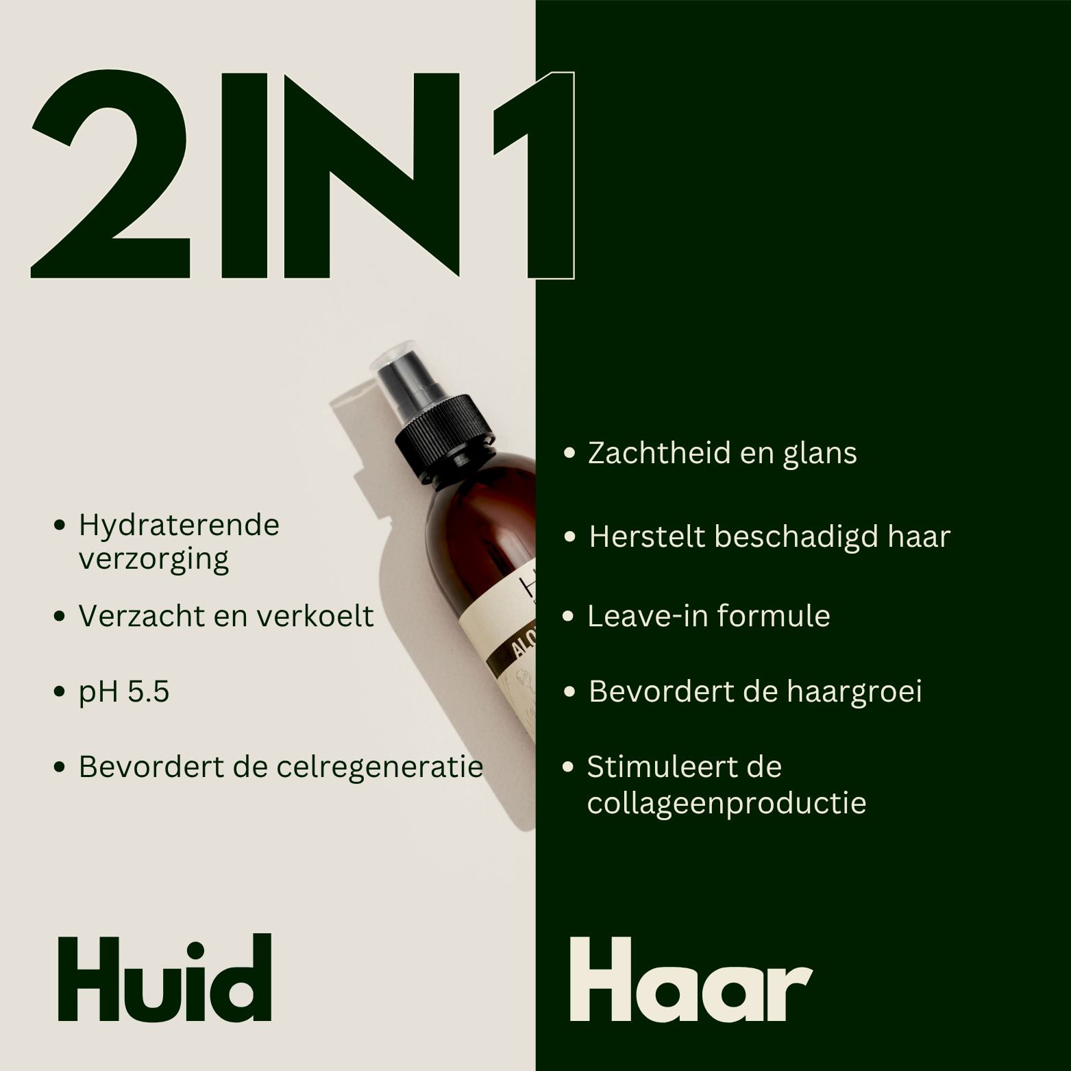 Fles Hairfluencer Aloe Vera Spray met tekst "2IN1 Spray voor huid en haar".