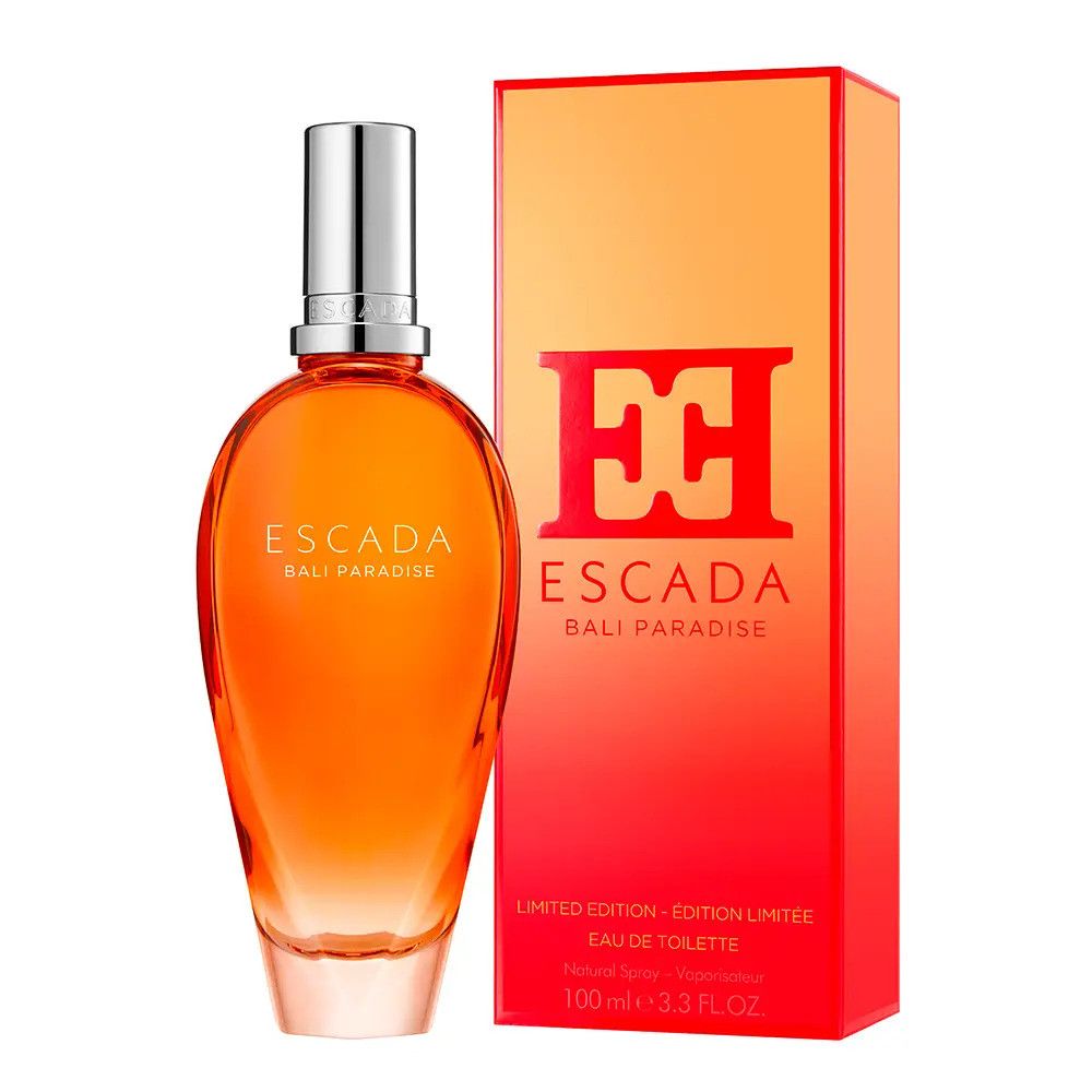 Escada Bali Paradise EdT Nat. Spray, flacon et emballage. Flacon orange, bouchon argenté, emballage rouge.