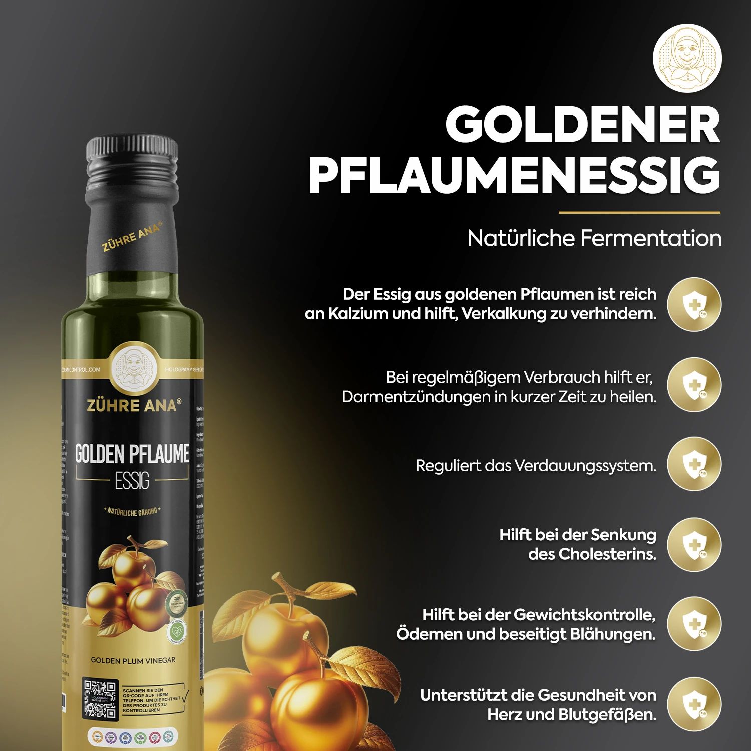Fles Zühre Ana Gouden Pruimenazijn met illustraties en tekst over gezondheidsvoordelen.