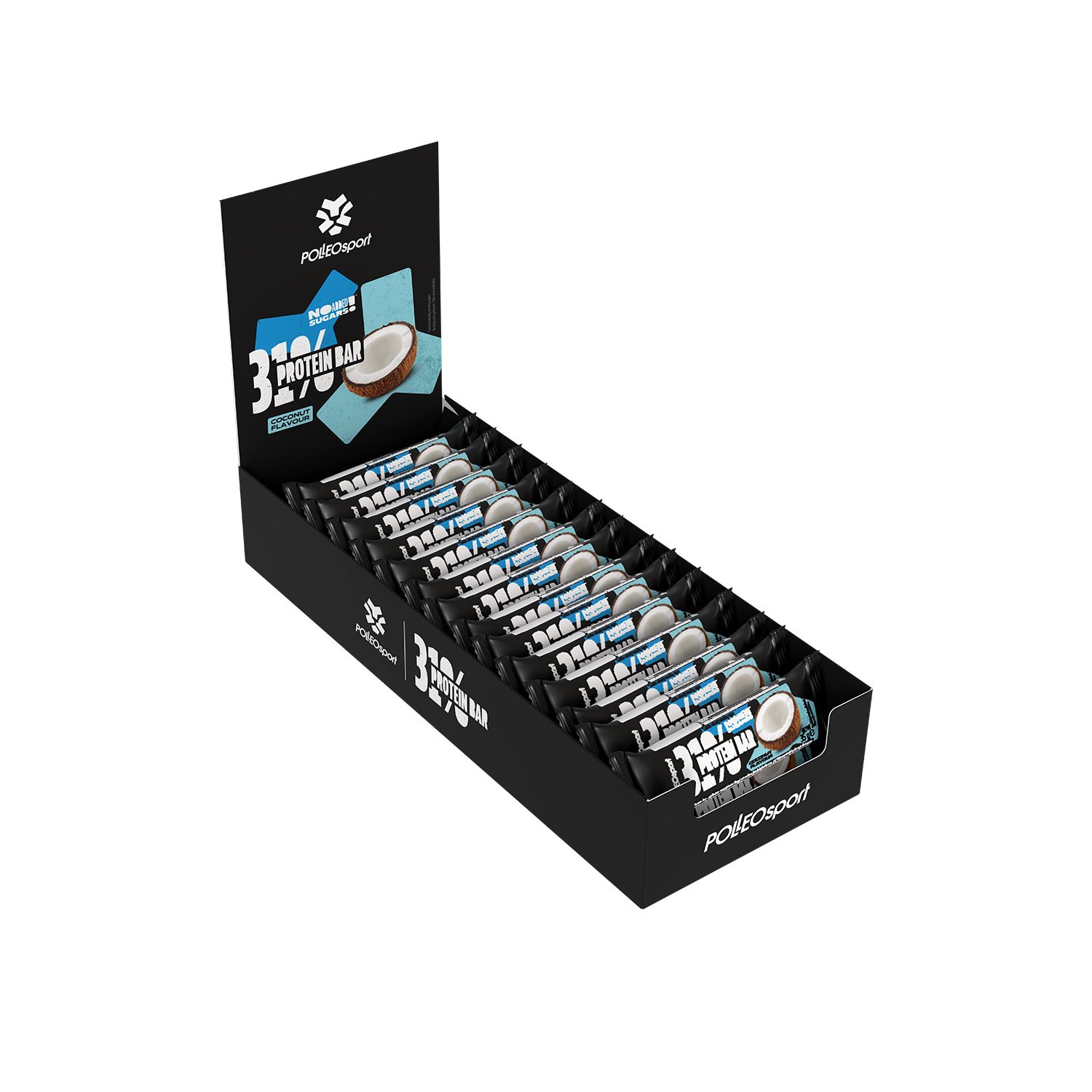 Zwarte doos met eiwitrepen. Opschrift: 31% Protein Bar, kokos. Merk: PolleoSport.