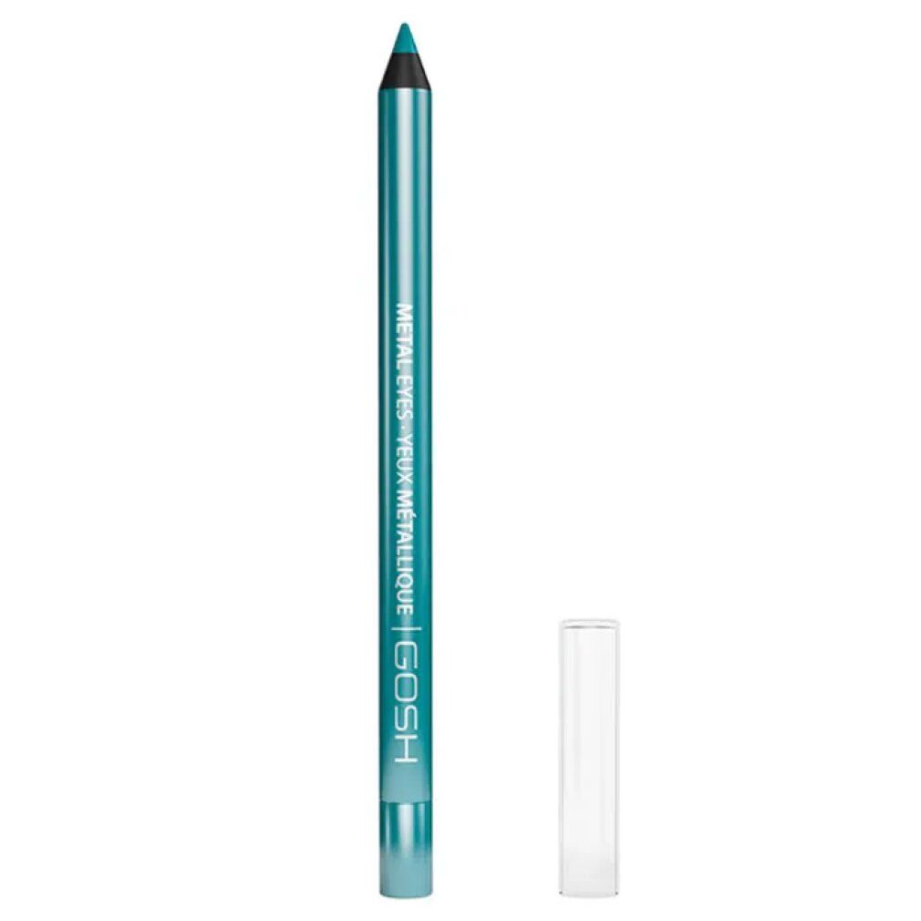 Turquoise Gosh Metal Eyes eyeliner met transparante dop. De tekst "METAL EYES - YEUX METALLIQUE | GOSH" is zichtbaar op de potlood.