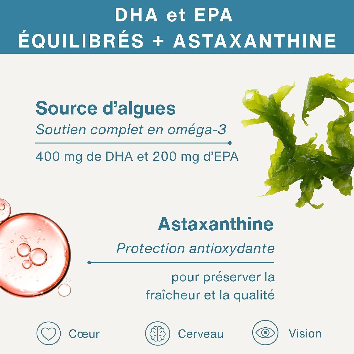Infographie: DHA & EPA d'algues, Astaxanthine pour protection antioxydante, cœur, cerveau, vision.