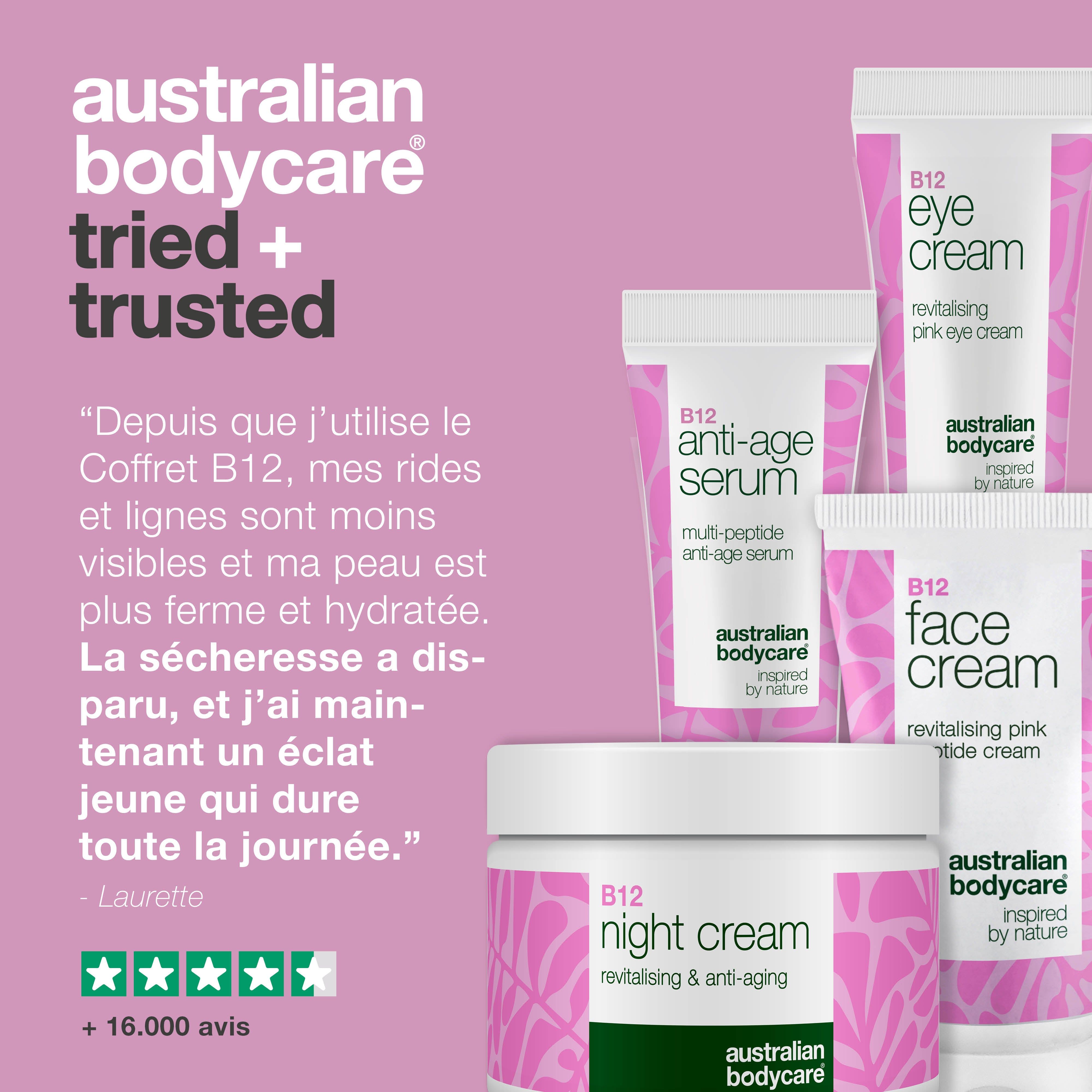 Produits avec citation : rides réduites, peau plus ferme et hydratée. Texte : +16 000 avis, 5 étoiles.