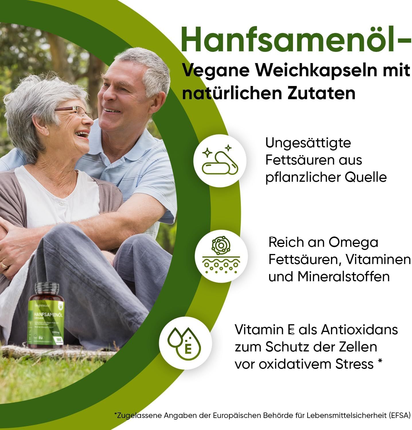 Couple âgé à l'extérieur avec une bouteille de gélules molles de chanvre végétaliennes. Icônes pour acides gras, oméga, vitamine E.