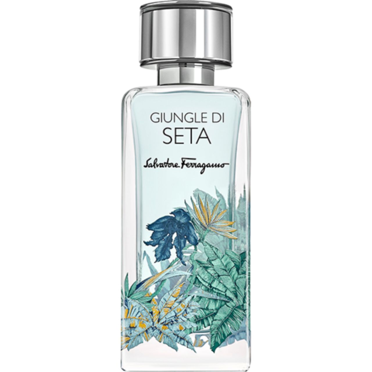 Flacon Salvatore Ferragamo Giungle Di Seta Eau De Parfum avec motif botanique.
