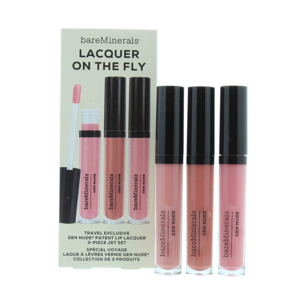 Bare Minerals Gen Nude Trio Set : Trois laques à lèvres dans des tons roses et nudes dans une boîte cadeau.