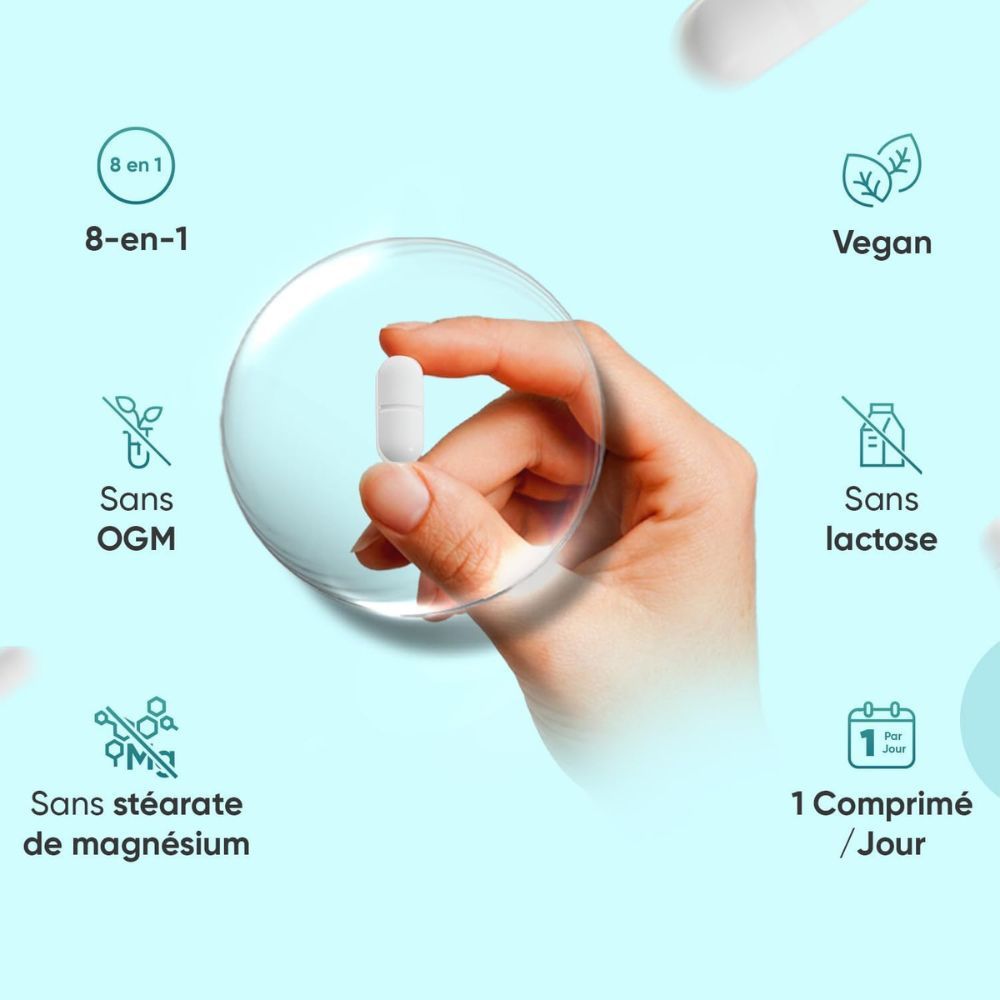 Main tenant un comprimé. 8-en-1, végétalien, sans OGM, sans lactose, sans stéarate de magnésium. 1 comprimé par jour.