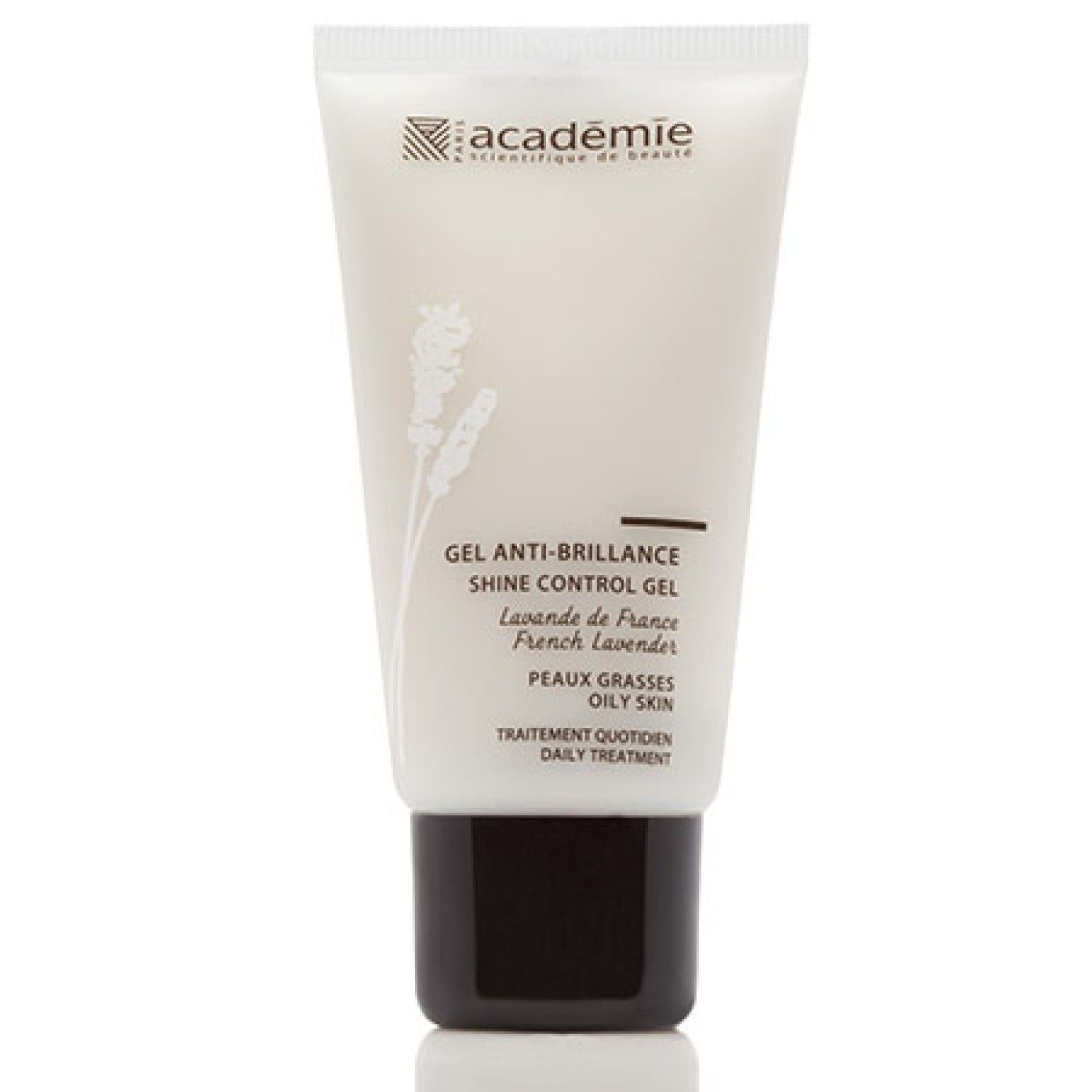 Crèmetube Académie. Tekst: GEL ANTI-BRILLANCE, SHINE CONTROL GEL, Lavande de France, PEAUX GRASSES, OILY SKIN. Zwarte dop.