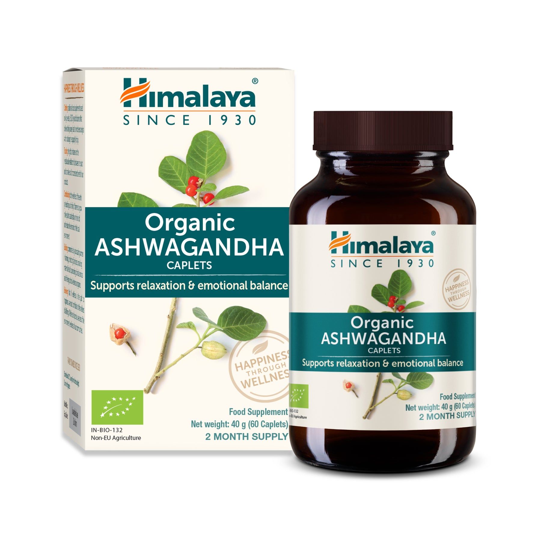 Fles en doos Himalaya Organic Ashwagandha. Groen-witte verpakking met logo en productnaam.