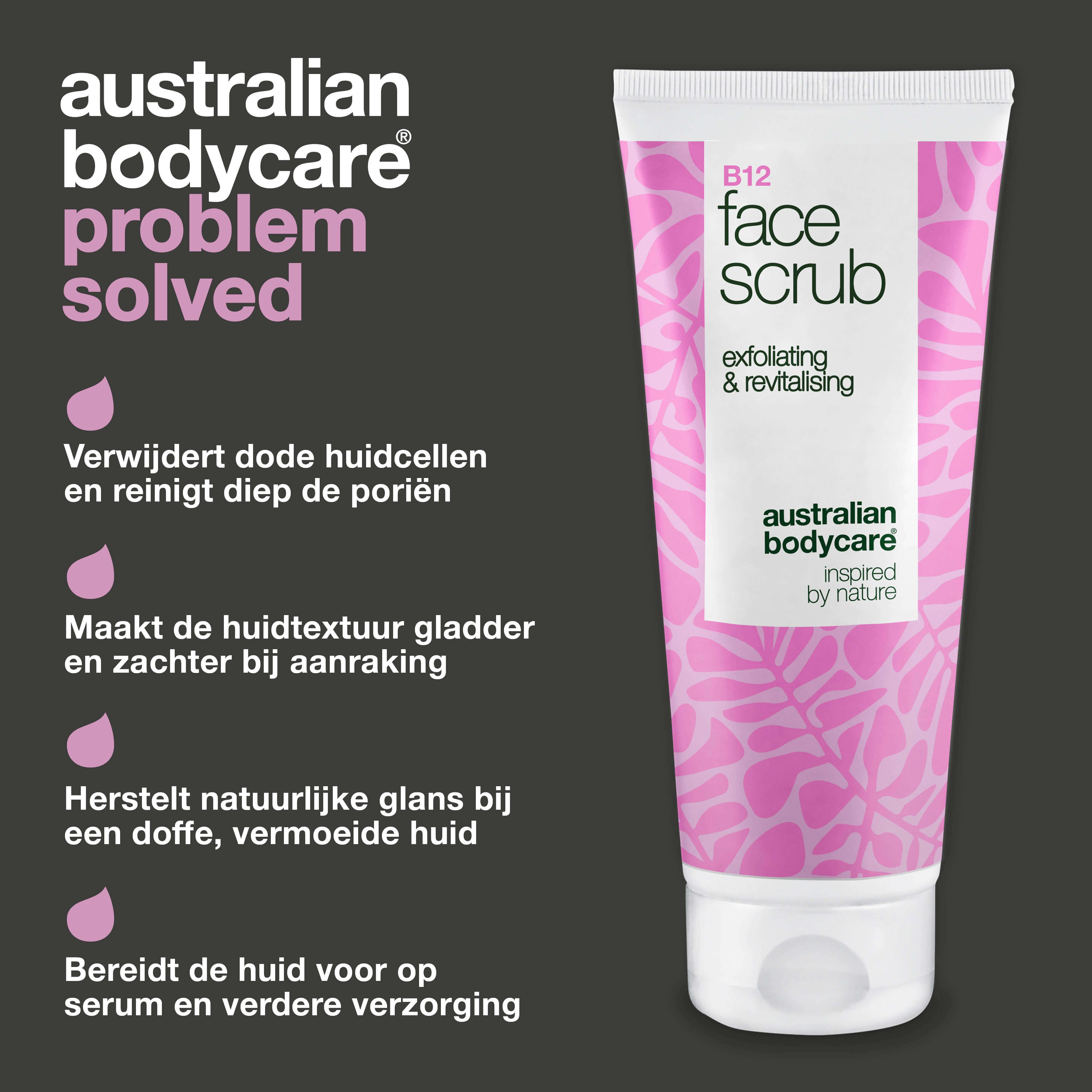 Tube scrub, tekst, logo, roze achtergrond. Sterrenbeoordeling.