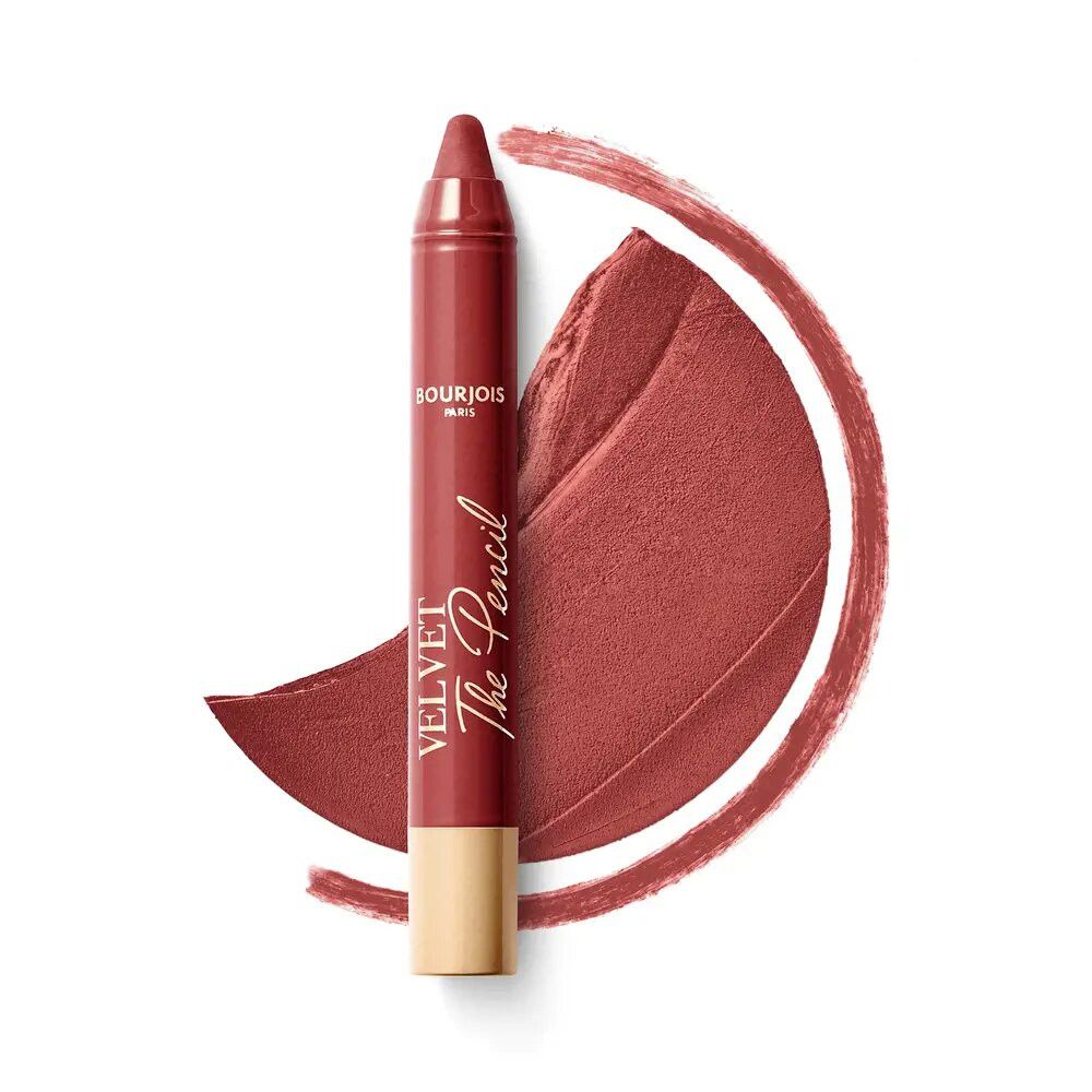 Roze-bruin potlood naast een vlek. Opschrift: VELVET The Pencil, Bourjois Paris.