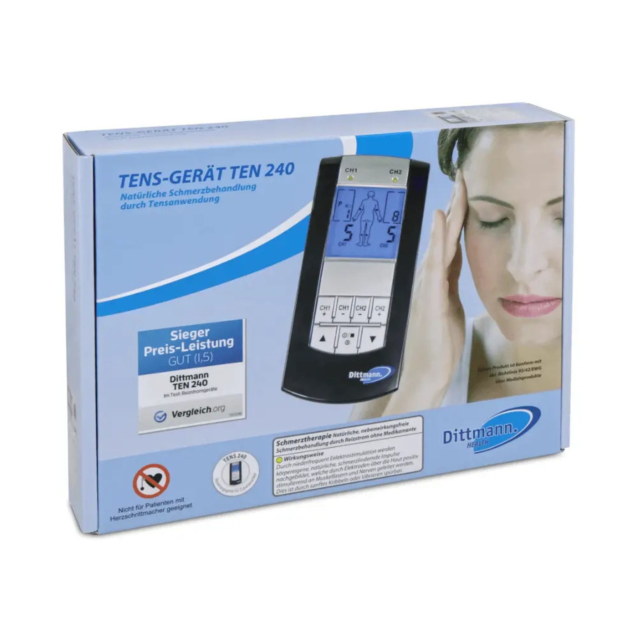Emballage de l'appareil TENS TEN 240 de Dittmann Health. Appareil et femme avec maux de tête. Label de qualité.