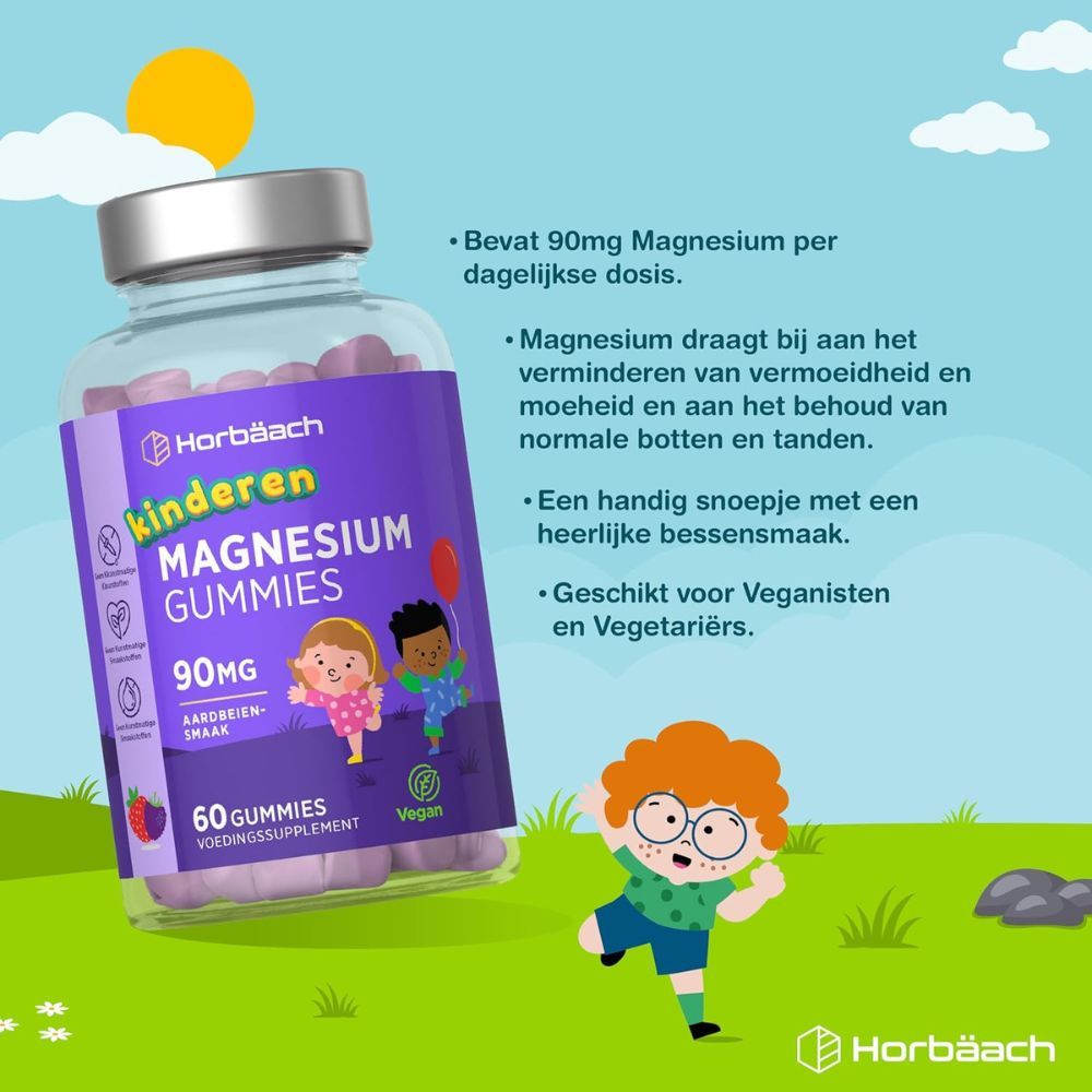 Horbaach Kinder Magnesium Gummies. Paarse fles met gummies. 60 gummies, 90mg, aardbeiensmaak. Vegan.