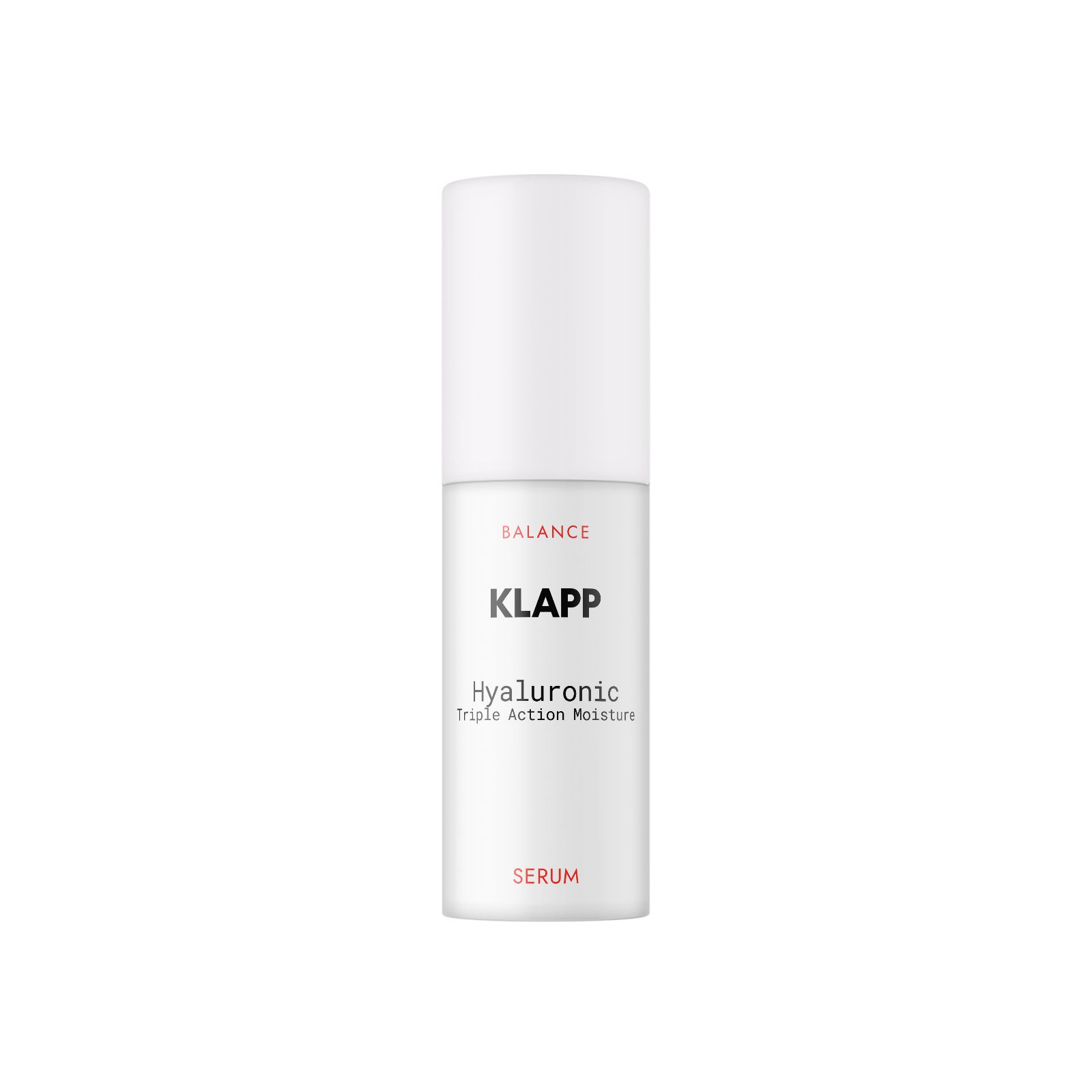 Wit serumflesje met witte dop. Opschrift: KLAPP, Hyaluronic Triple Action Moisture, Serum.