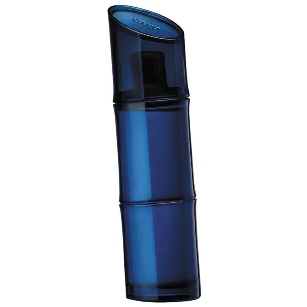 Flacon bleu, design bambou, forme inclinée. Vaporisateur visible. Kenzo Homme Eau de Toilette.