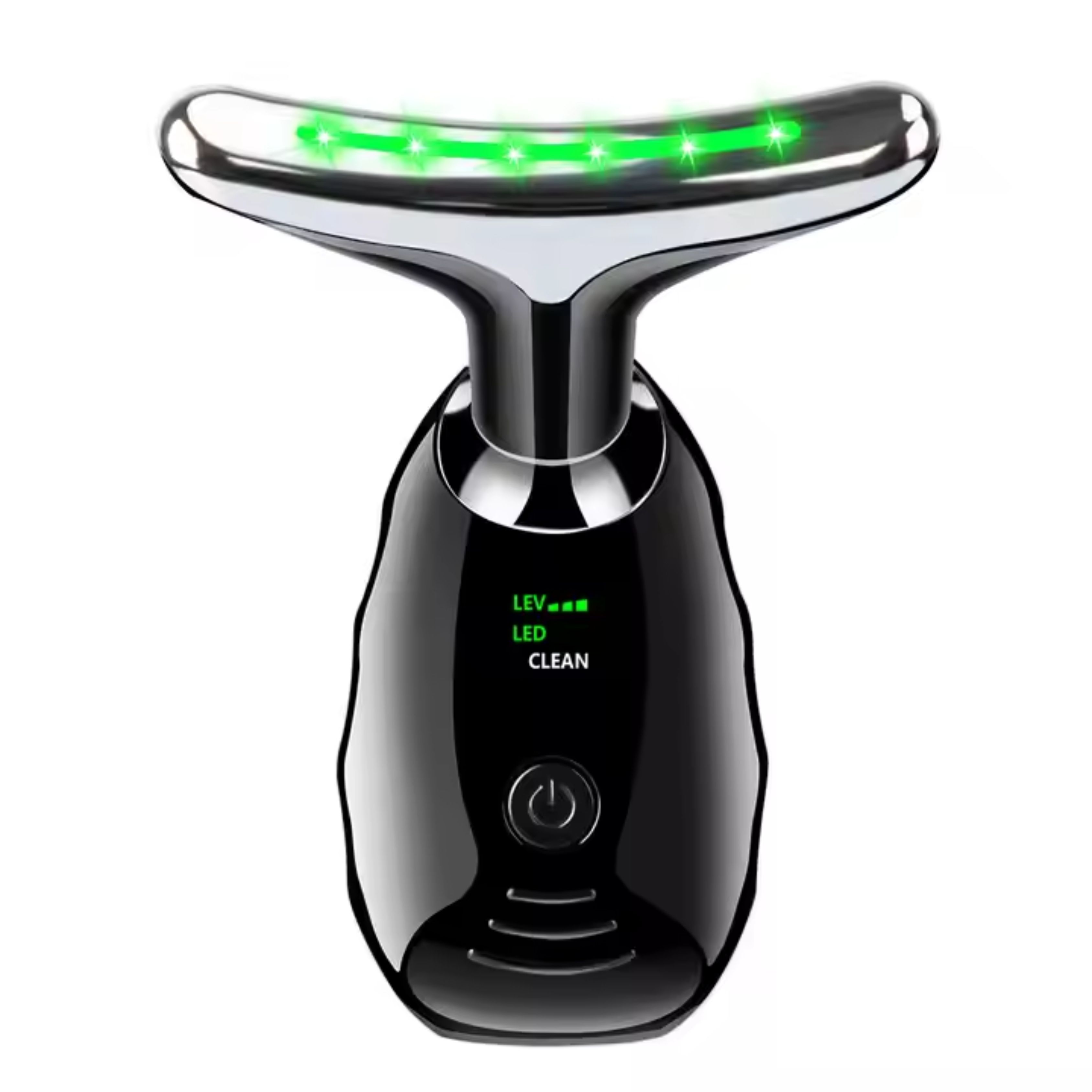 Zwarte anti-aging gezichts- en nekmassager met zilveren accenten. Met groene LED's. Aan/uit-knop en LED-indicator.