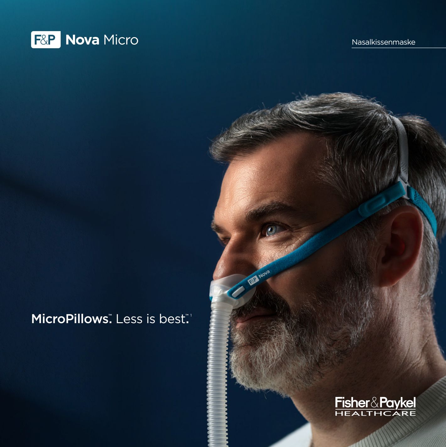 Man draagt F&P Nova Micro neusmasker. MicroPillows voor comfort en afdichting.