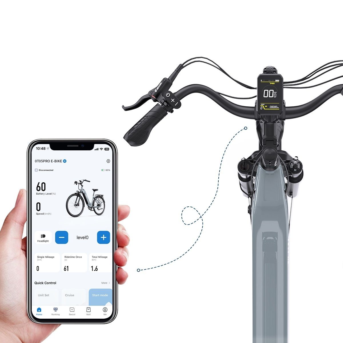 E-bike stuur met display. Smartphone toont app-informatie. Verbinding door stippellijn.
