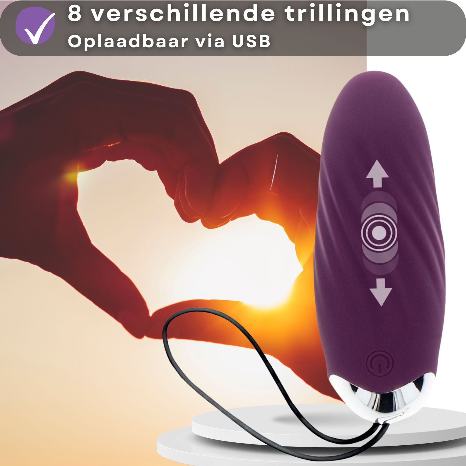 Afbeelding met tekst: 9cm lang, 3,3cm diameter. Paarse vibrator met zwart koord. Afmetingen.