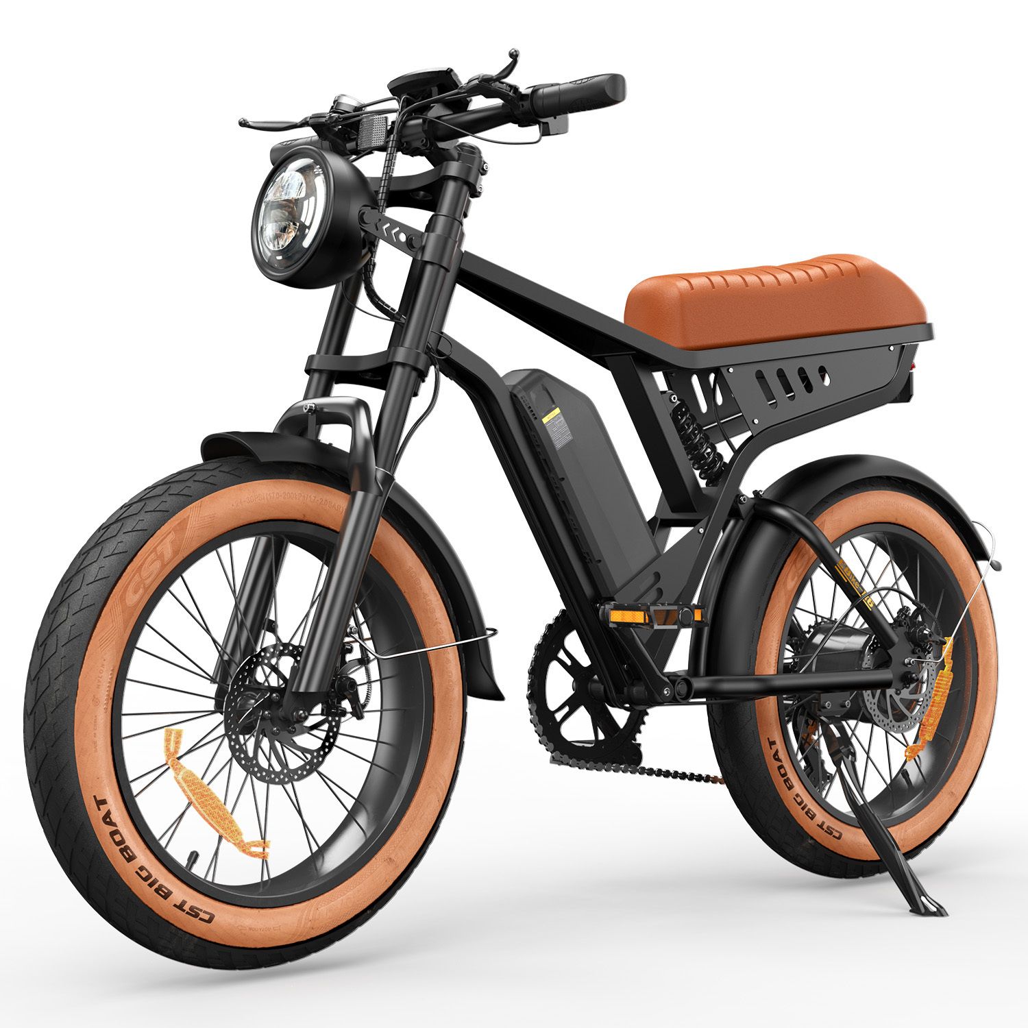 Zwarte e-bike met bruin zadel en banden. Grote banden, koplamp en batterij.