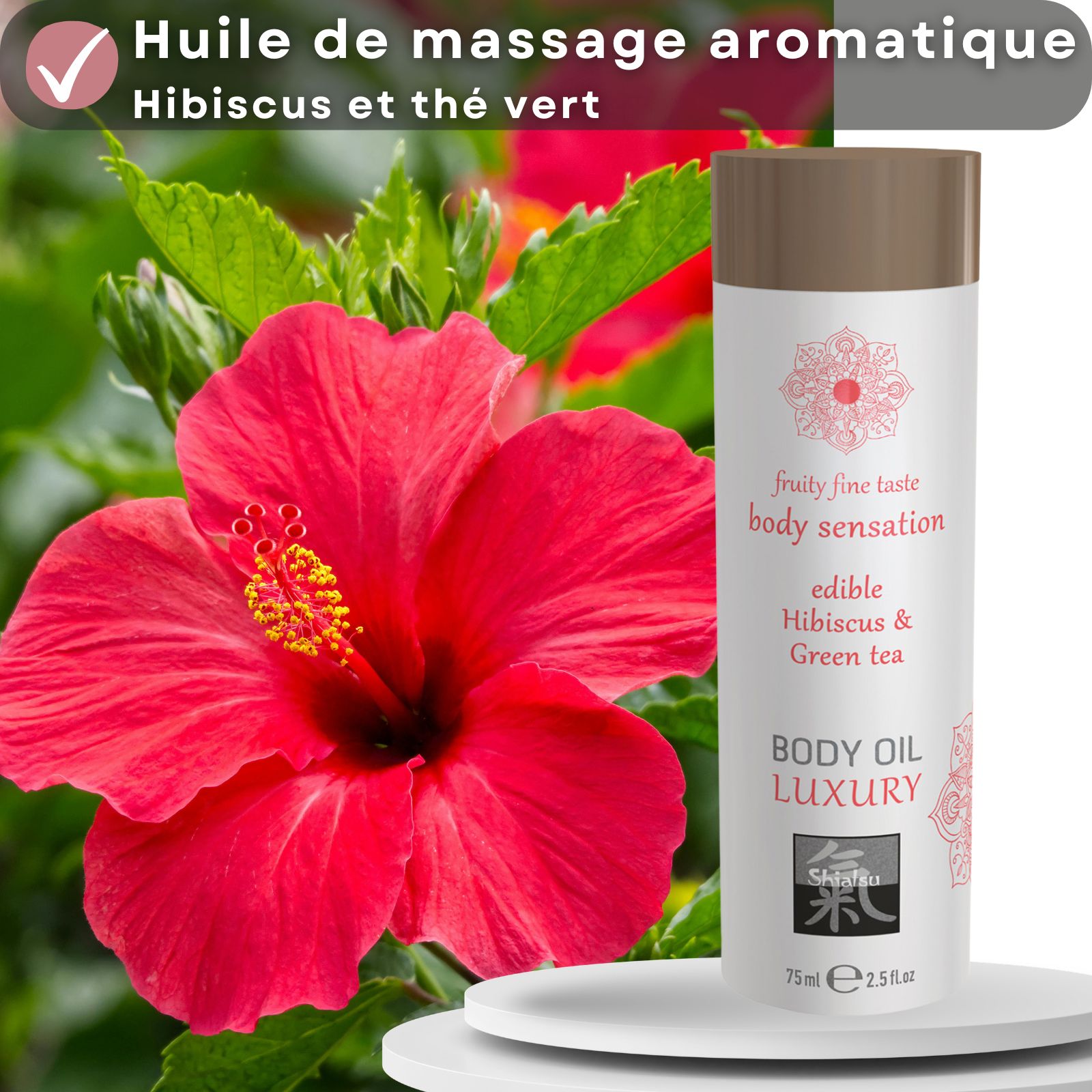 Flacon Shiatsu Body Oil Luxury arôme thé vert et hibiscus, 75ml.