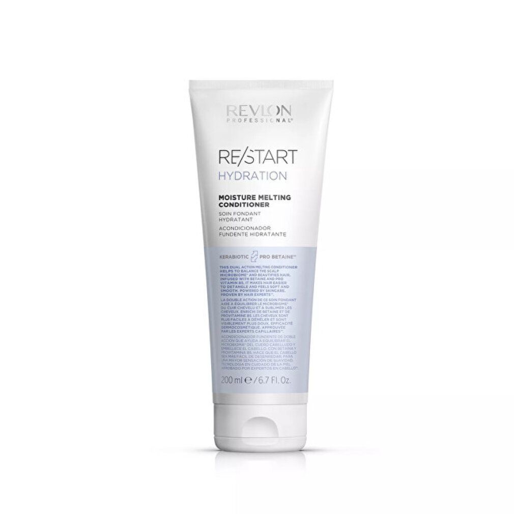 Zachte tube met conditioner. Opschrift: Revlon Professional, Re-Start Hydration, Moisture Melting Conditioner. Inhoud: 200 ml.