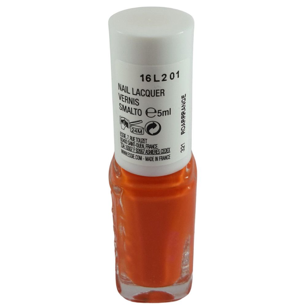 Flacon de vernis à ongles Essie, orange. Bouchon blanc, texte noir. 5ml.