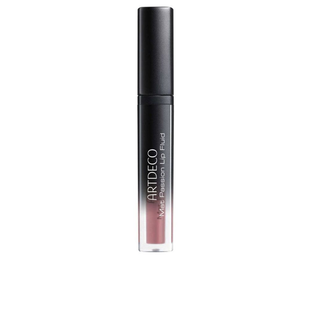 Artdeco Mat Passion Lip Fluid, gesloten flesje. Zwarte dop, transparante huls, roze inhoud. Tekst: Mat Passion Lip Fluid.