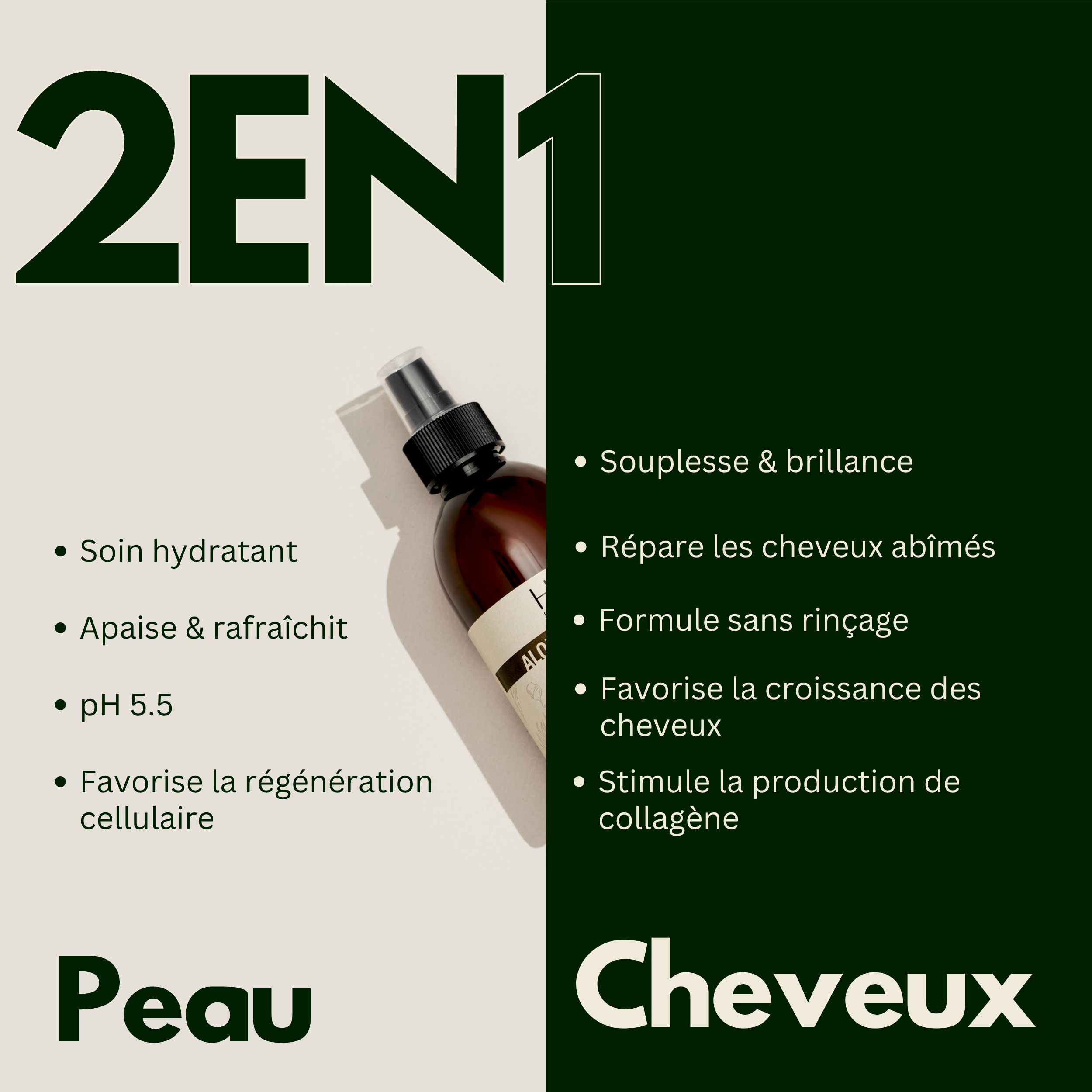 Texte: 2en1. Peau: Soin hydratant, apaise, pH 5.5, régénération cellulaire. Cheveux: Souplesse, répare, sans rinçage, croissance, collagène.