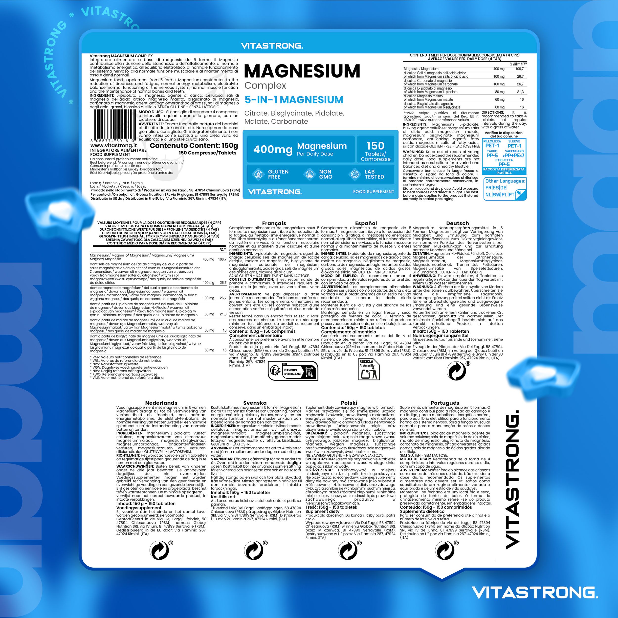 Dos de l'emballage. Magnésium 5-en-1. 150 comprimés. Contient 400mg de magnésium. Ingrédients, informations nutritionnelles.