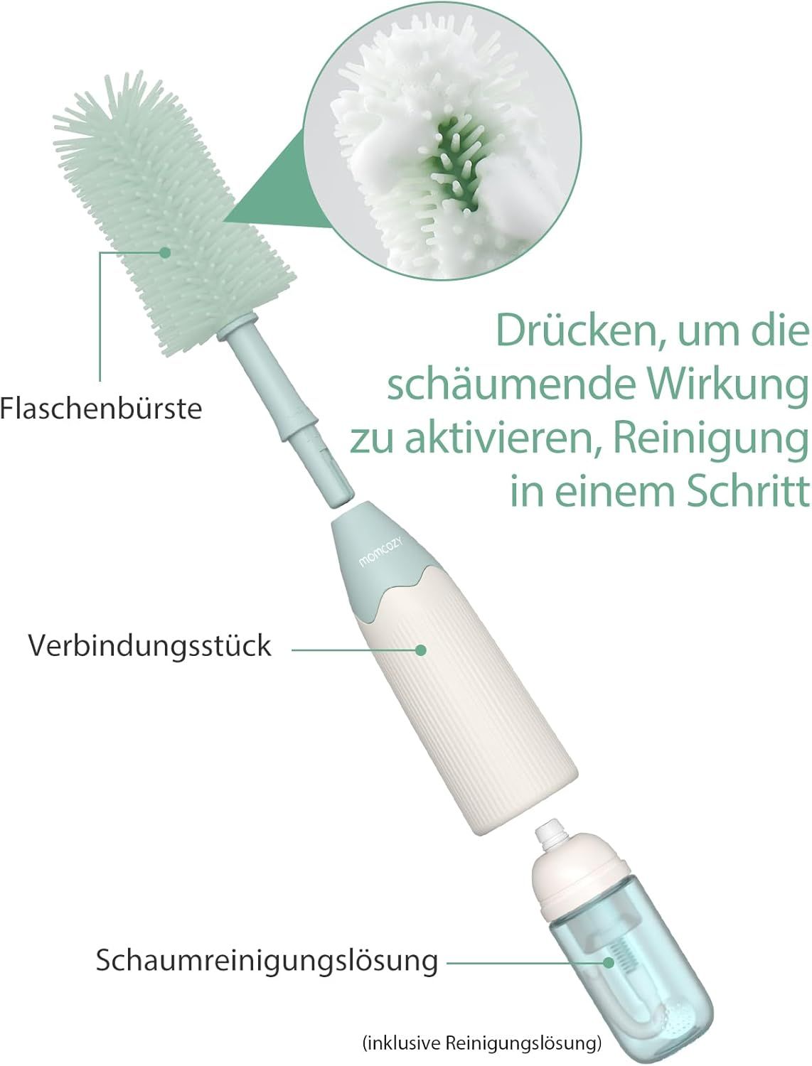 Schéma éclaté de la brosse à biberon Momcozy avec fonction moussante et liquide de nettoyage.