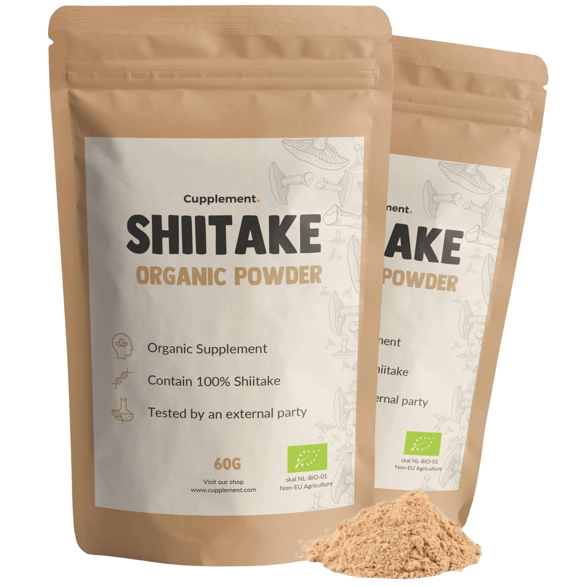 Deux sachets de poudre de shiitake. Inscription : Shiitake Organic Powder. Logo bio UE. 60g.