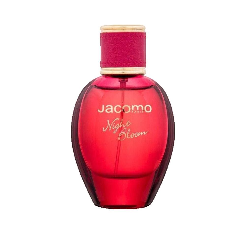 Rode flacon met gouden dop. Opschrift: Jacomo Night Bloom. Rode vloeistof zichtbaar.