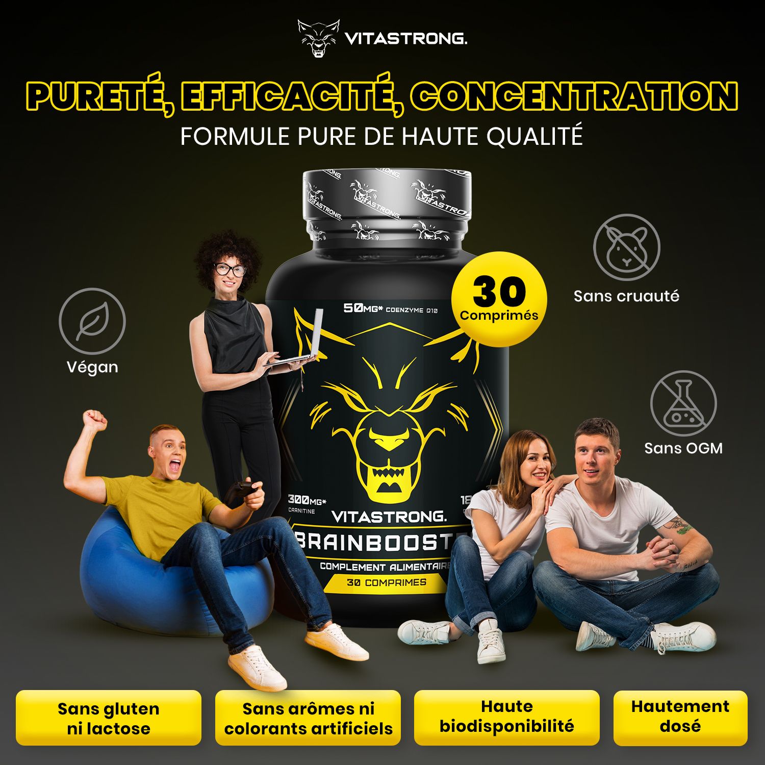 Vitastrong Brainbooster, 30 tabletten. Verpakking met info in Engels, Duits, Spaans, Frans.